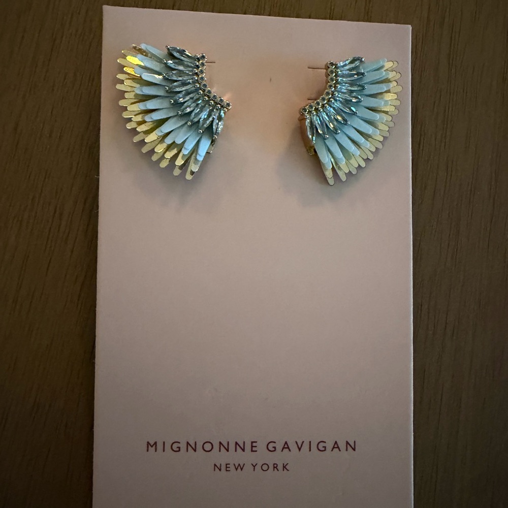 Mignonne Gavigan Sky Blue and Gold Wing Earrings  NWOT